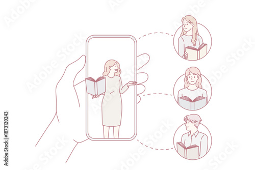 Online education and lesson concept. Young woman teacher explaining material of lesson to children learning online on smartphones vector illustration