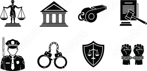 Law and justice icon set featuring lady justice scales courthouse gavel handcuffs police officer and legal system symbols for crime and punishment