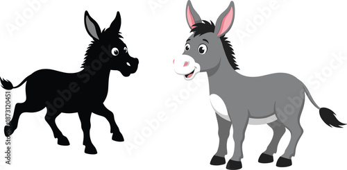 Cartoon donkey comparison showing silhouette and colored character, cute farm animal vector illustration isolated