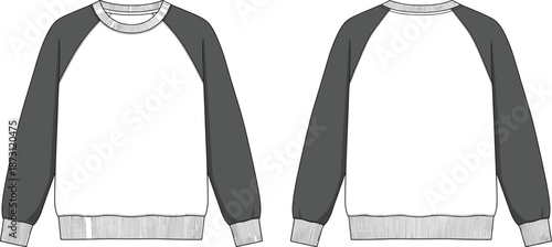 Two tone raglan sweatshirt mockup template with white body and grey sleeves front and back view for apparel design and branding