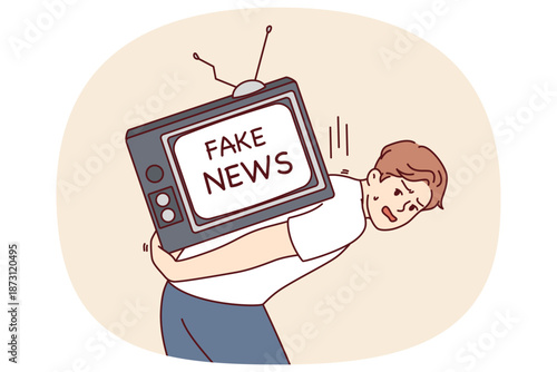Man suffering from fake news on TV for concept of fighting disinformation and propaganda in media. Guy with big televisor on back is stressed out by fake news from journalists and yellow press.