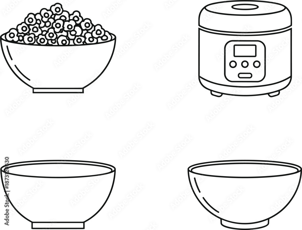 Obraz premium Minimalist kitchenware icons featuring an electric rice cooker, snack bowls, and a popcorn bowl for home cooking, kitchen appliances, and snack-time vector design.