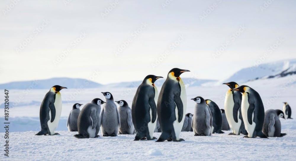 Obraz premium Group of emperor penguins huddled together on snowy icy terrain