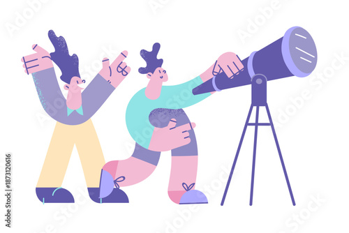 Smiling friends look in telescope seeing stars