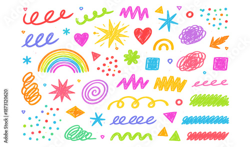 Collection of colorful hand-drawn doodles and shapes on a white background