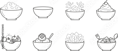 Set of minimalist food bowl icons featuring fruit, ice cream, salad, and snacks for healthy eating, restaurant menus, and kitchenware vector design.