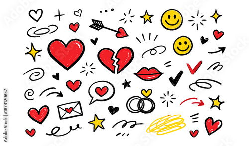 Collection of hand-drawn doodle icons representing love, happiness, and relationships