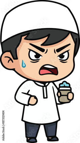 A flat vector illustration of a young boy character with a white prayer cap, showing an angry facial expression with a sweaty forehead and clenched fist.