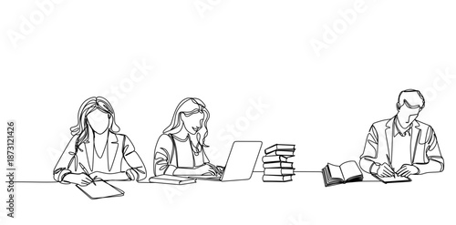 A continuous line drawing depicting a team of entrepreneurs working on laptops and displaying a growing bar graph, symbolizing financial success, data analysis, and an upward business trajectory.