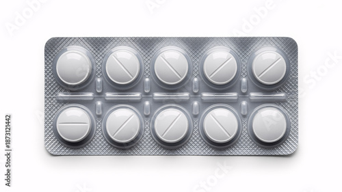 A blister pack containing ten white round pills on a white background.