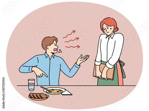 Man restaurant visitor shouts at woman waiter because food is not tasty or mistake made by cafe staff. Poor quality and slow service in restaurant caused dispute between guest and staff