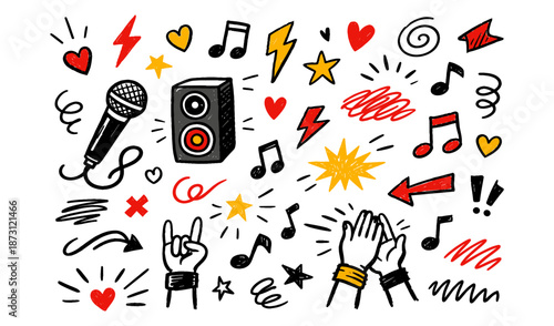 Hand-drawn music icons and symbols with vibrant colors and energetic doodles