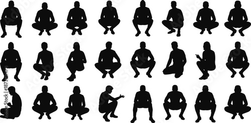 Assortment of human silhouettes in squatting and sitting postures people