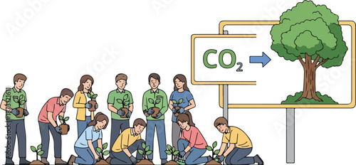 Group of young people planting trees for environmental conservation and CO2 reduction.