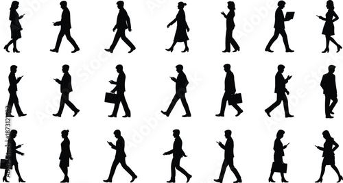Business People Silhouettes Walking and Using Devices on White Background vector illustration
