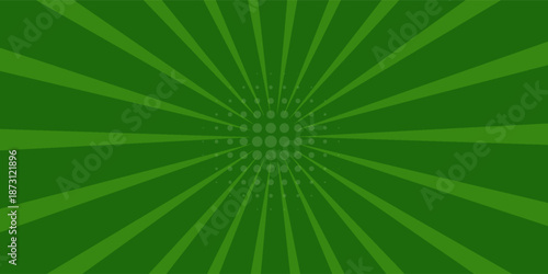 Comic green abstract background with beams radial and halftone effects, empty green comic style zoom lines background, Superhero comic book poster background with halftone print effect.