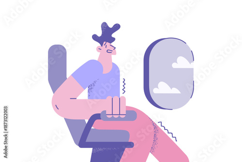 Stressed man in plane feel scared of flying