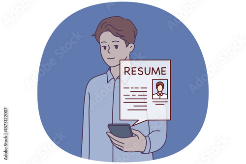 Man HR recruiter holding phone with resume job seeker wants to get job and has responded to vacancy. Guy employee HR agency is looking for staff for company through internet sites and applications.
