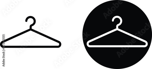 Minimalist clothes hanger outline and circular icon set for fashion retail laundry dry cleaning closet organization and apparel storage vector design.