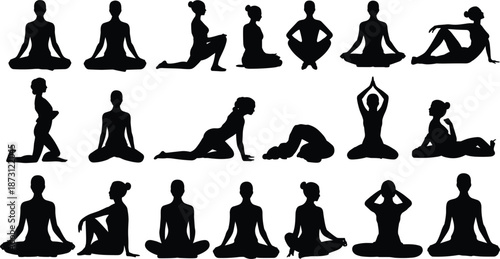 Collection of female yoga poses silhouettes on white background Keywords: yoga, silhouette, woman, pose, meditation, flexibility