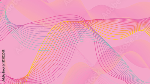 Abstract vector illustration with flowing colorful lines and wave patterns on pink background