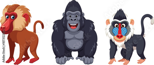 Cartoon primate character set featuring baboon, gorilla, and mandrill, colorful wild animal vector illustration
