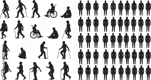 Collection of diverse human silhouettes including elderly people and wheelchair users Keywords: silhouette, people, group