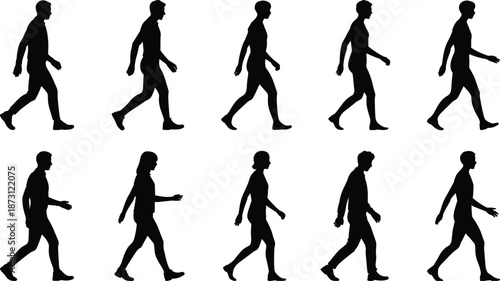 Collection of male and female walking silhouettes in black and white Keywords: walking, silhouette, people, man, woman, movement