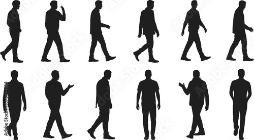 Collection of male walking silhouettes in various poses and outfits Keywords: man, male, walking, silhouette, figure, person