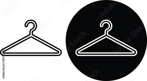 Minimalist clothes hanger outline icons in linear and circular styles for fashion retail laundry service closet organization and apparel storage design.