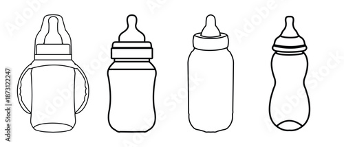 Baby Bottle Icon Set – Line, Glyph and Solid Silhouette Vector for Infant Feeding Care