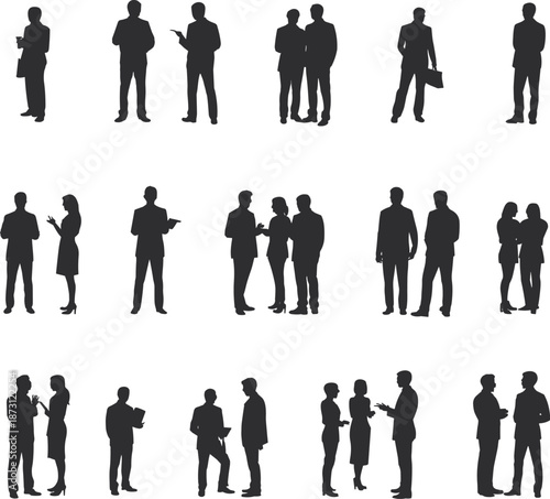 Diverse Group of Business People Silhouettes in Various Poses and Interactions Keywords: business, people, silhouette, group