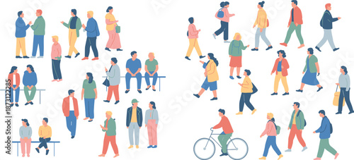 Diverse Group Of People In Flat Design Style Talking Sitting And Cycling Keywords: people, group, diverse, flat design, talking