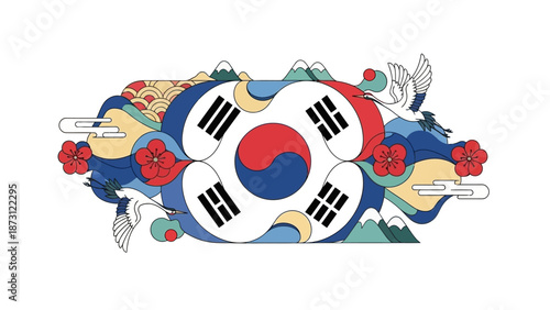 South Korea Flag Emblem with Traditional Art Elements