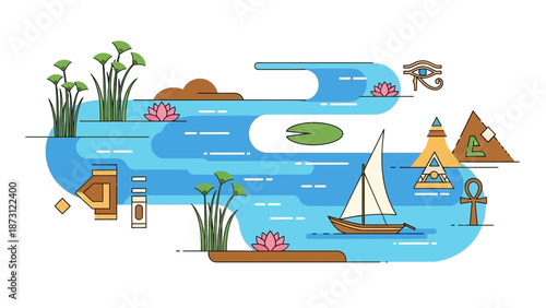 Ancient Egypt Nile River Scene with Symbols and Pyramid