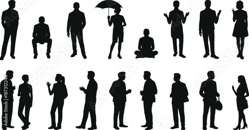 Diverse group of people silhouettes standing sitting and holding umbrella on white background Keywords: silhouette, people