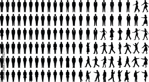 Diverse group of people silhouettes walking and standing in various poses Keywords: silhouette, people, group, standing, walking