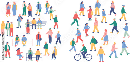 Diverse group of people walking and sitting in a flat design style Keywords: people, walking, sitting, diverse, group, men