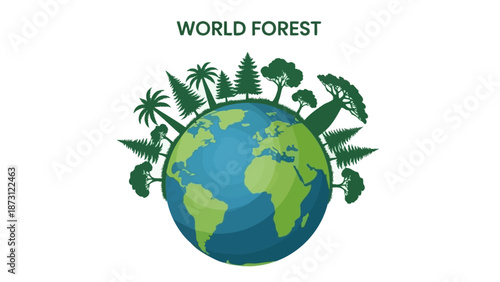 Earth globe with diverse trees, representing world forest conservation