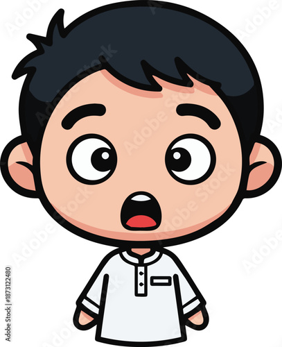 A cute Muslim boy character with a surprised or amazed facial expression, featuring wide eyes and an open mouth.