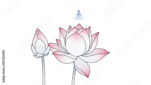 Pink Lotus Flower and Bud with Buddha Silhouette, Zen, Meditation