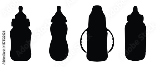 Baby Bottle Icon Set – Line, Glyph and Solid Silhouette Vector for Infant Feeding Care
