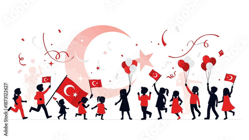 Children Celebrating with Turkish Flags and Balloons