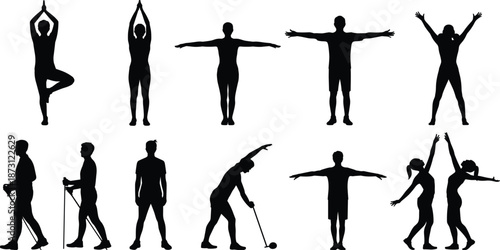 Diverse Silhouettes of People Exercising and Posing on White Background Keywords: silhouette, people, exercise, fitness, yoga