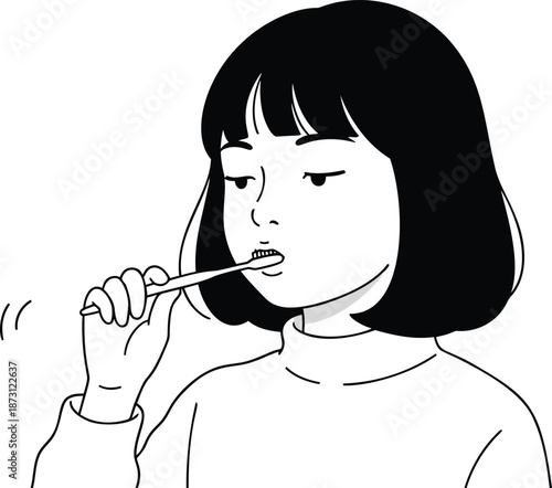 Young Girl Brushing Her Teeth in Bathroom.