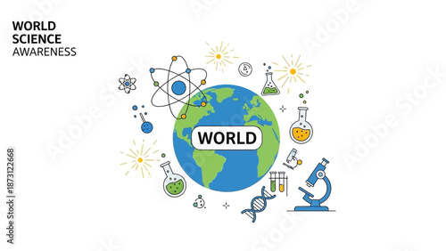 World Science Awareness Concept with Earth, DNA, Microscope, Flasks