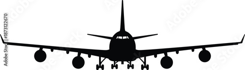 Front view black airplane silhouette vector icon for airline travel aviation transport landing arrival and global airport logistics design.