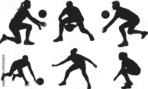 Dynamic Silhouettes of Volleyball Players in Action on White Background sport athlete
