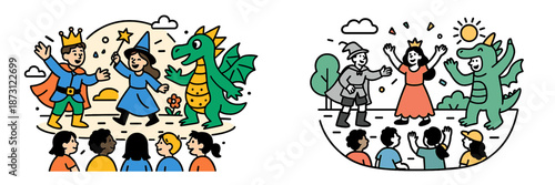 Fantasy characters celebrate joyfully in a lively outdoor festival