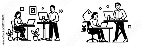 Office workers engaging in creative tasks with technology